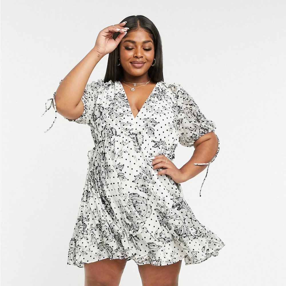 ASOS curve mini satin trim ruffle and tie detail dress